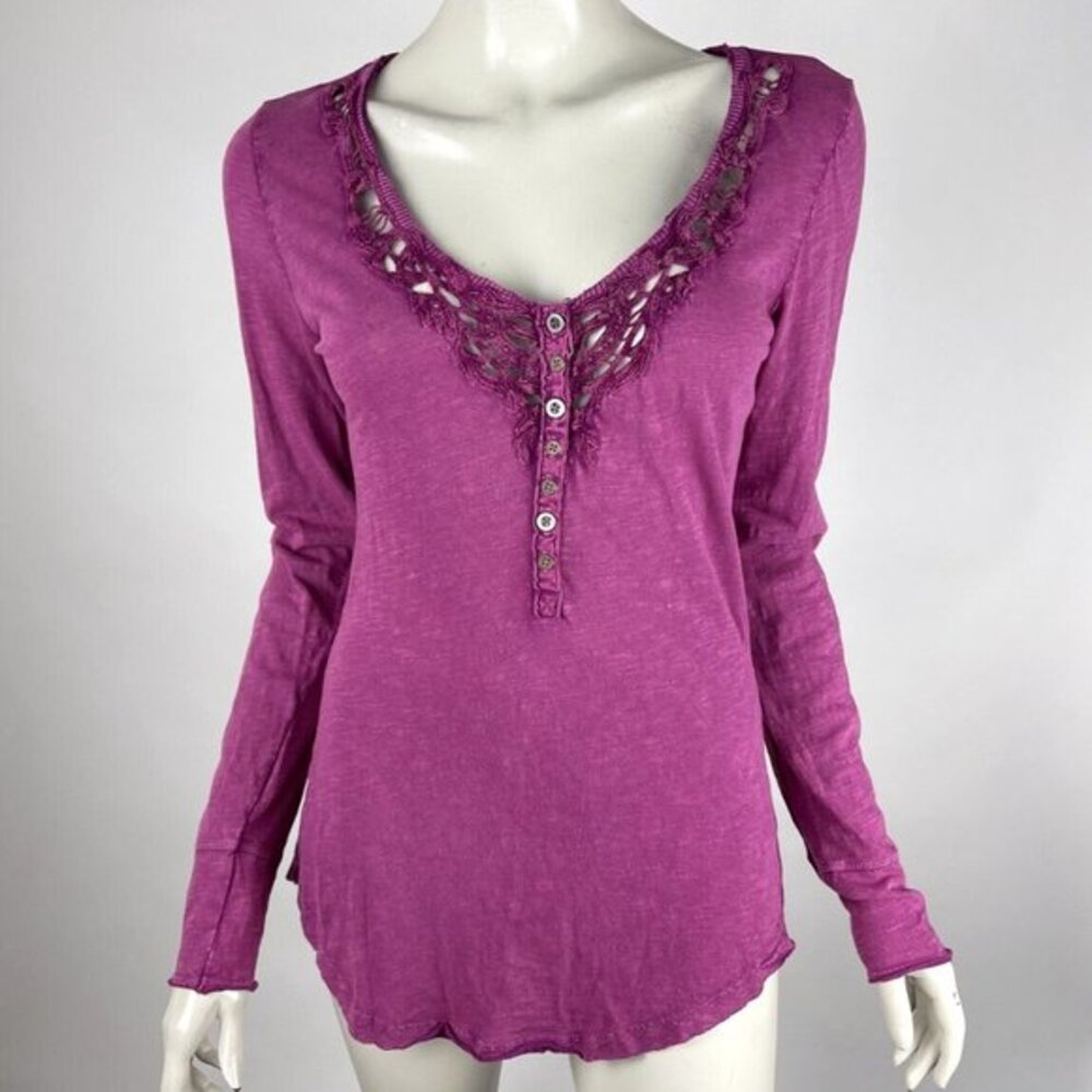 We‎ the Free People Legacy Crochet Henley Top Women M Embroidered V-neck Tunic